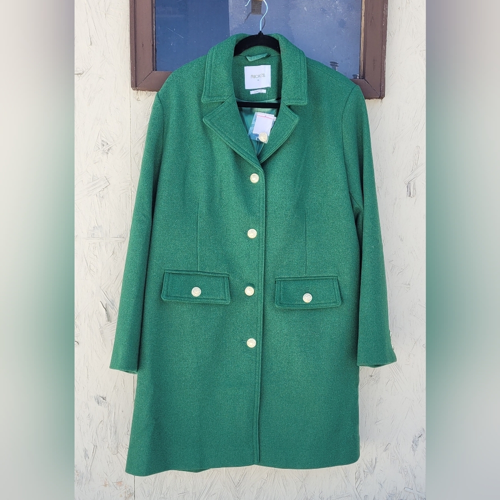 Ricki's Emerald Green Wool Trench Coat with Gold Buttons